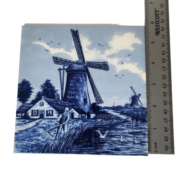 Royal Mosa Holland Delft Blue Tile Trivet Wall Hanging Windmill Farmer Birds - Picture 7 of 7